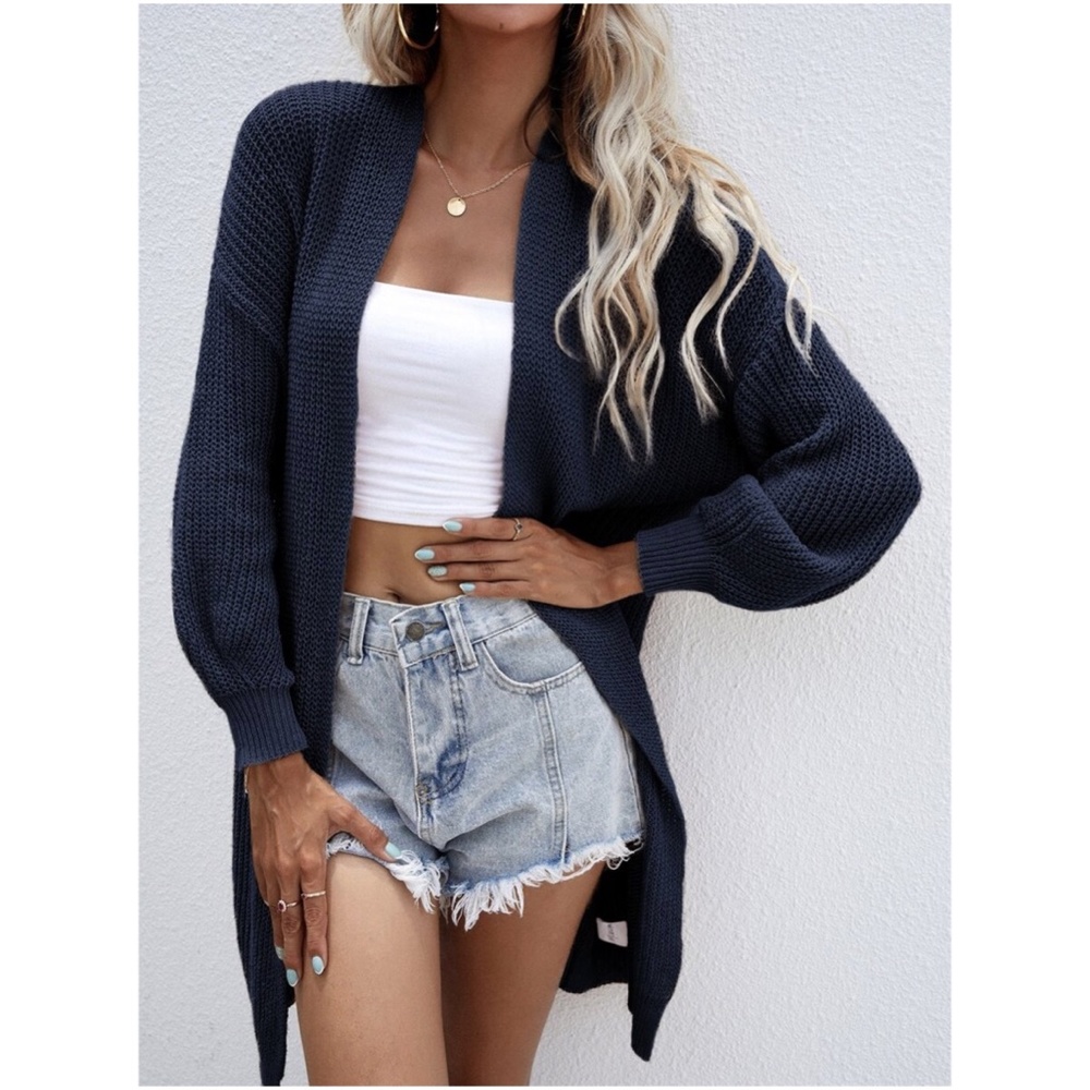 Navy Blue Open Front Knit Oversized Cardigan - Picture 1 of 6